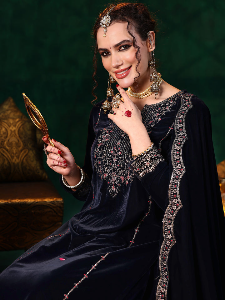 Blue Embroidered Velvet Straight Suit With Dupatta