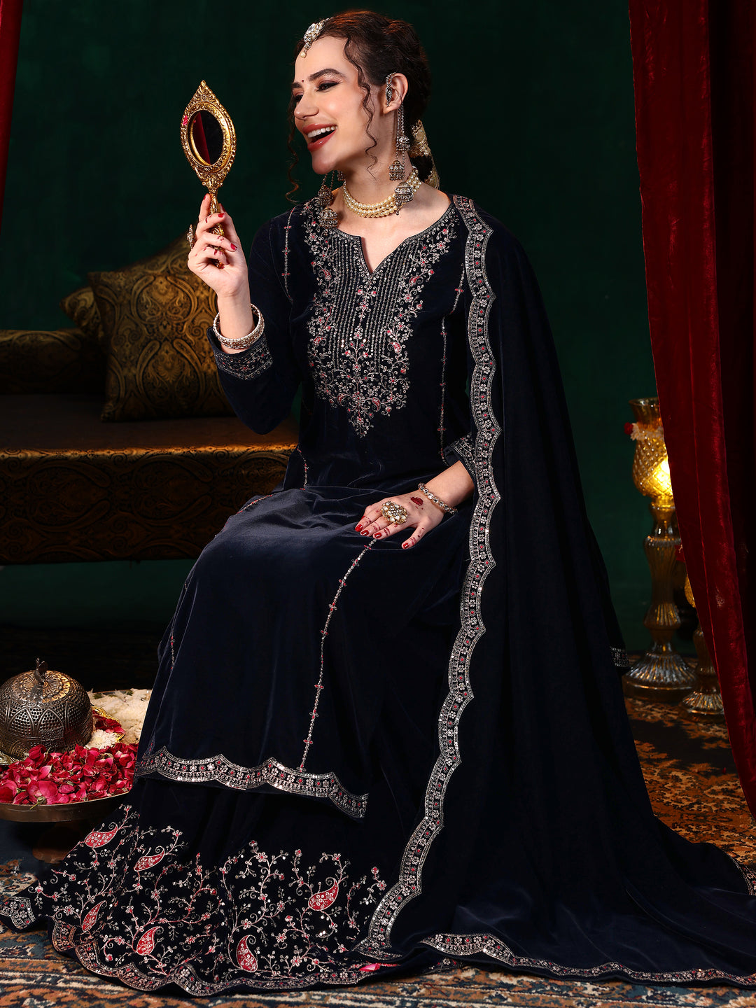 Blue Embroidered Velvet Straight Suit With Dupatta