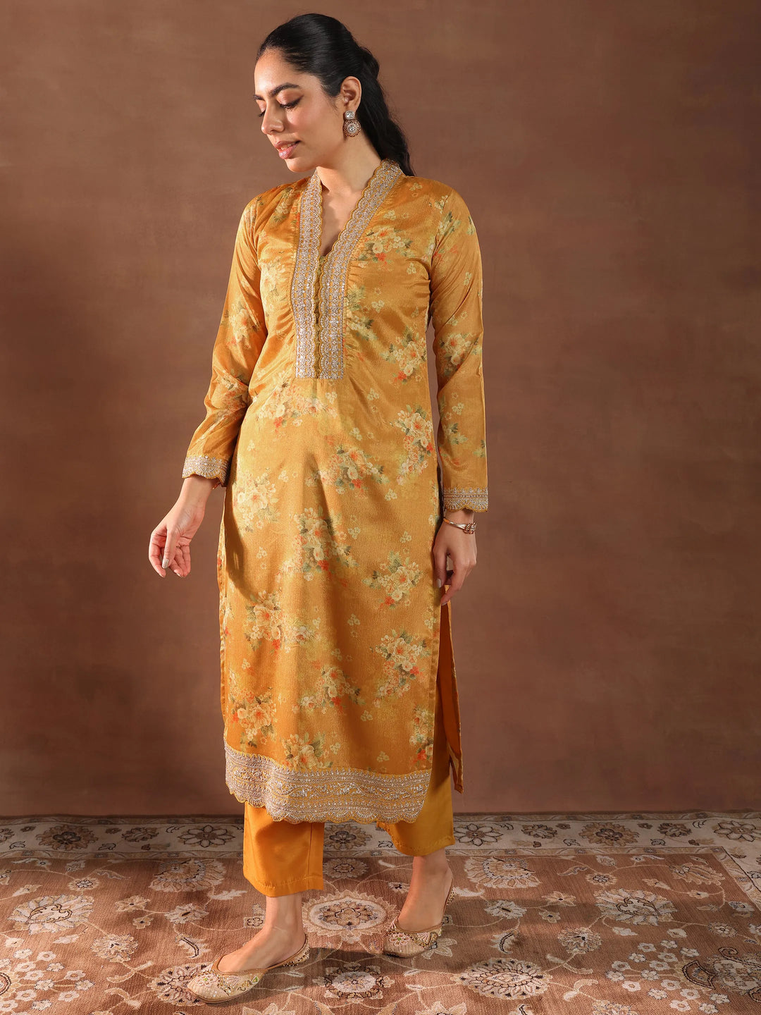 Mustard Printed Silk Blend Straight Suit With Dupatta