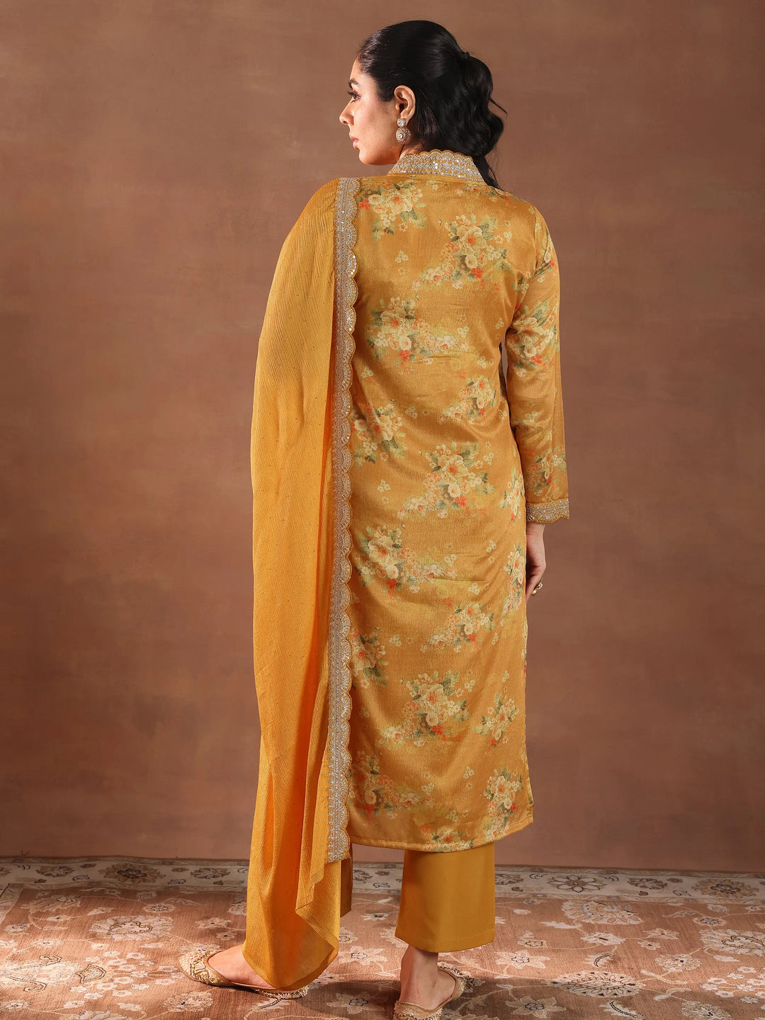 Mustard Printed Silk Blend Straight Suit With Dupatta