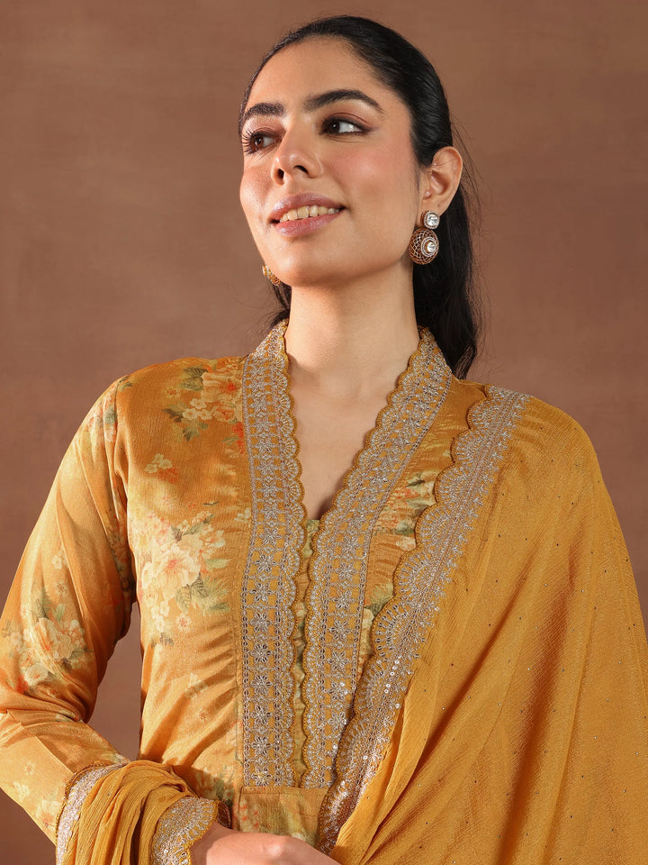 Mustard Printed Silk Blend Straight Suit With Dupatta