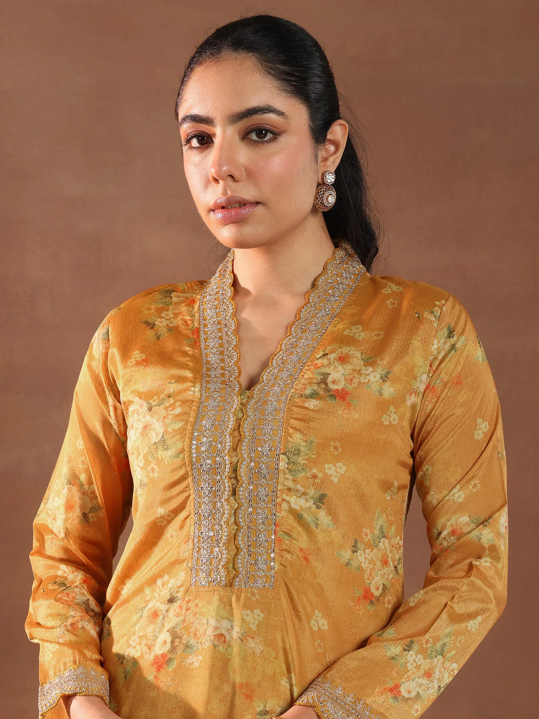 Mustard Printed Silk Blend Straight Suit With Dupatta