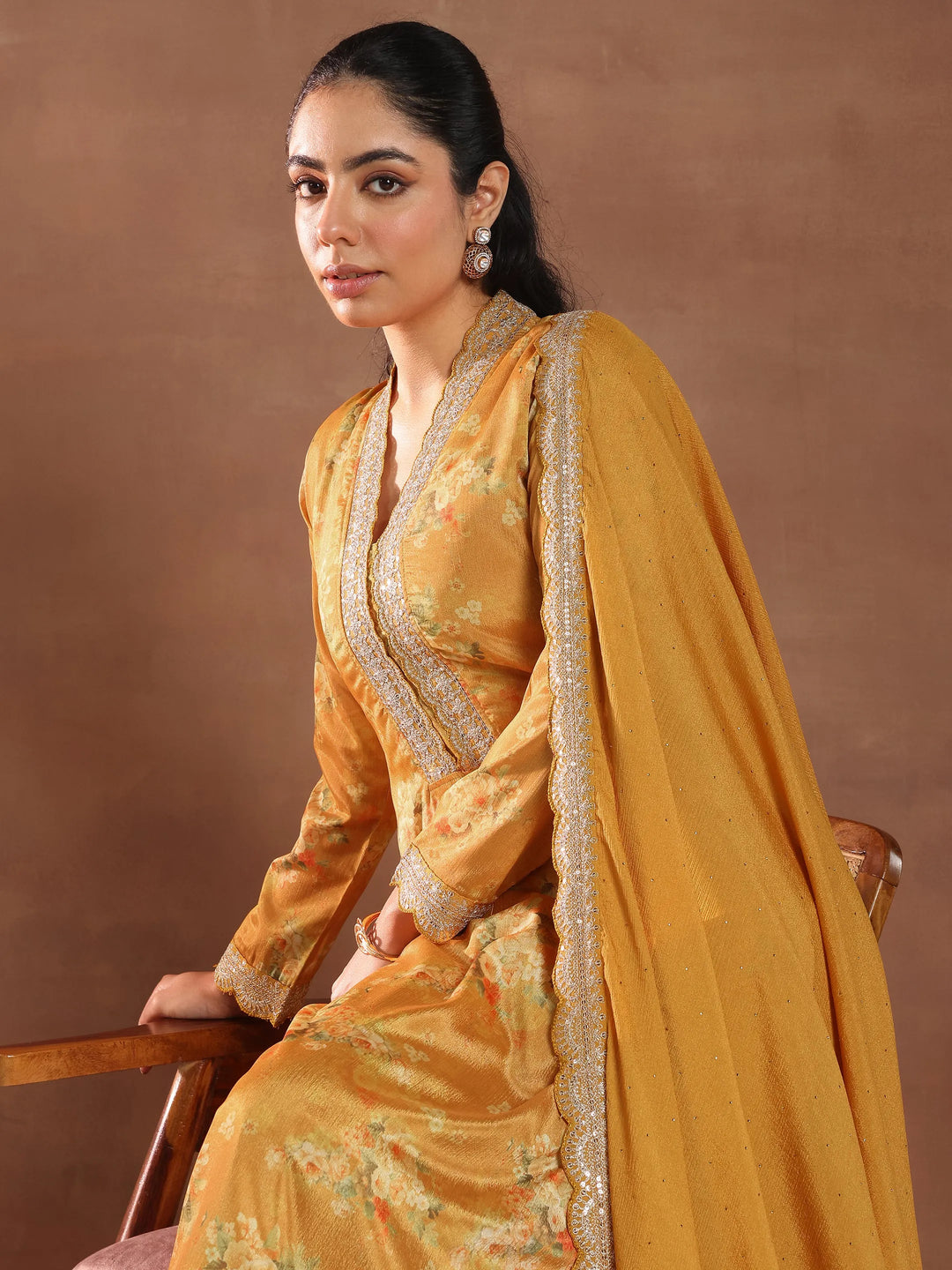 Mustard Printed Silk Blend Straight Suit With Dupatta