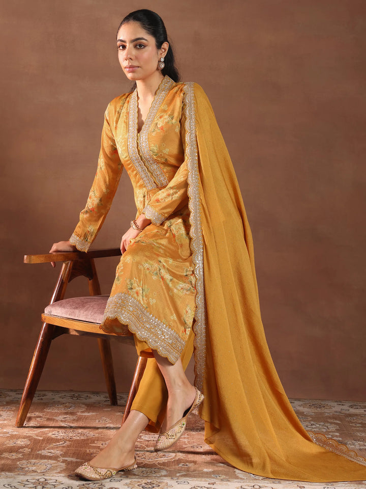 Mustard Printed Silk Blend Straight Suit With Dupatta