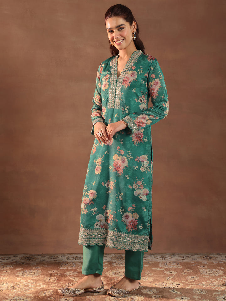 Green Printed Silk Blend Straight Suit With Dupatta