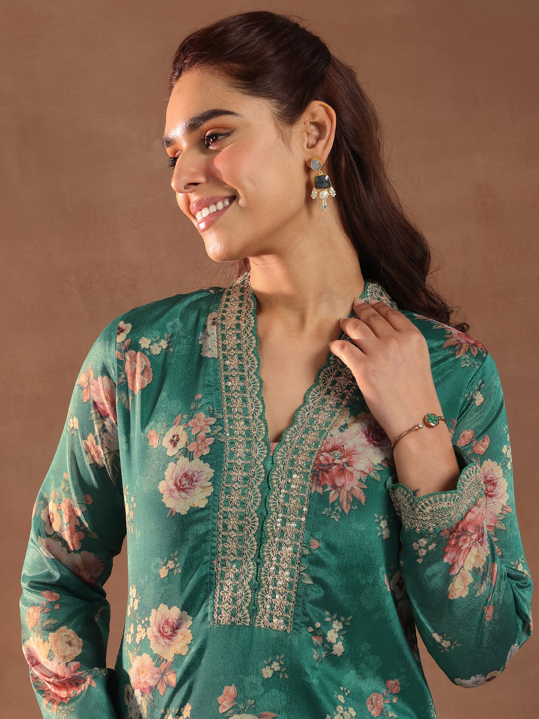 Green Printed Silk Blend Straight Suit With Dupatta