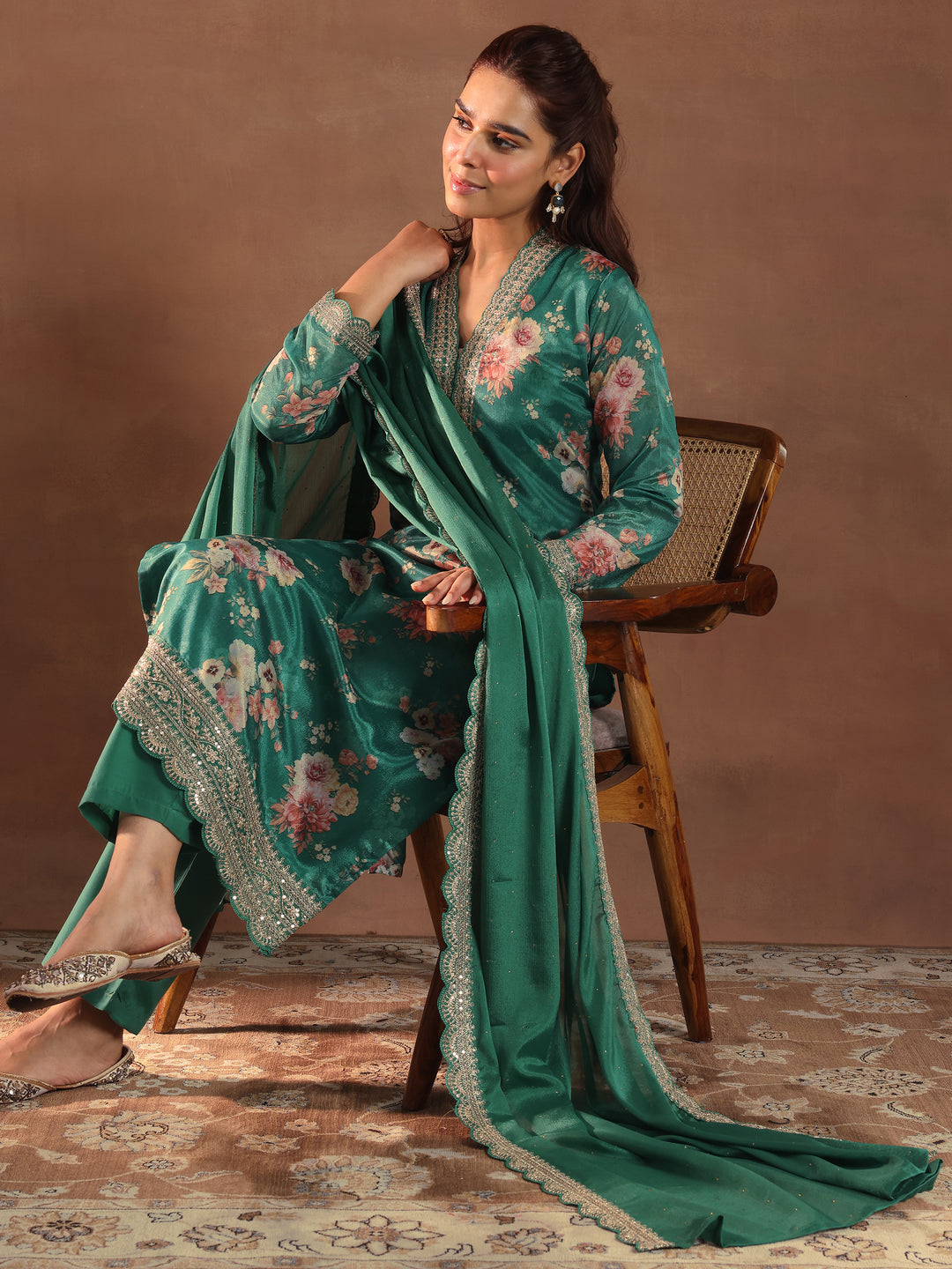 Green Printed Silk Blend Straight Suit With Dupatta