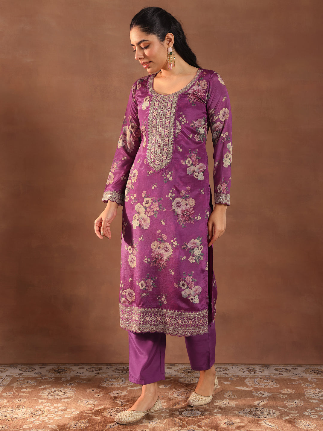 Burgundy Printed Silk Blend Straight Suit With Dupatta