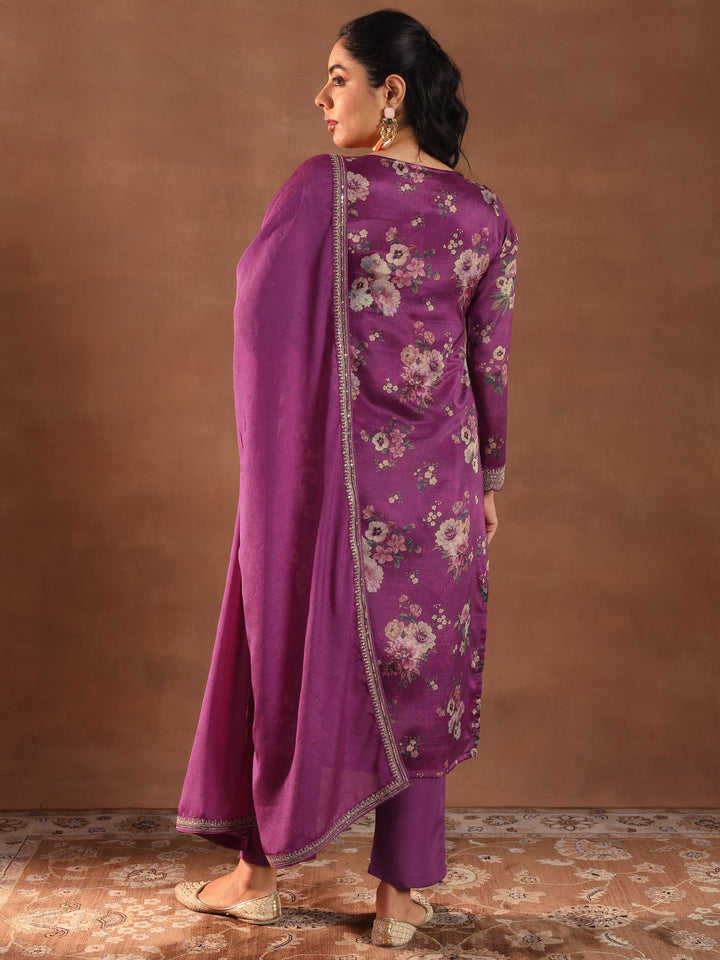 Burgundy Printed Silk Blend Straight Suit With Dupatta