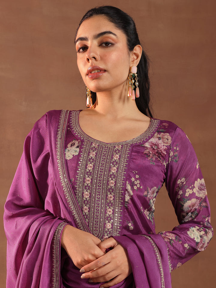 Burgundy Printed Silk Blend Straight Suit With Dupatta