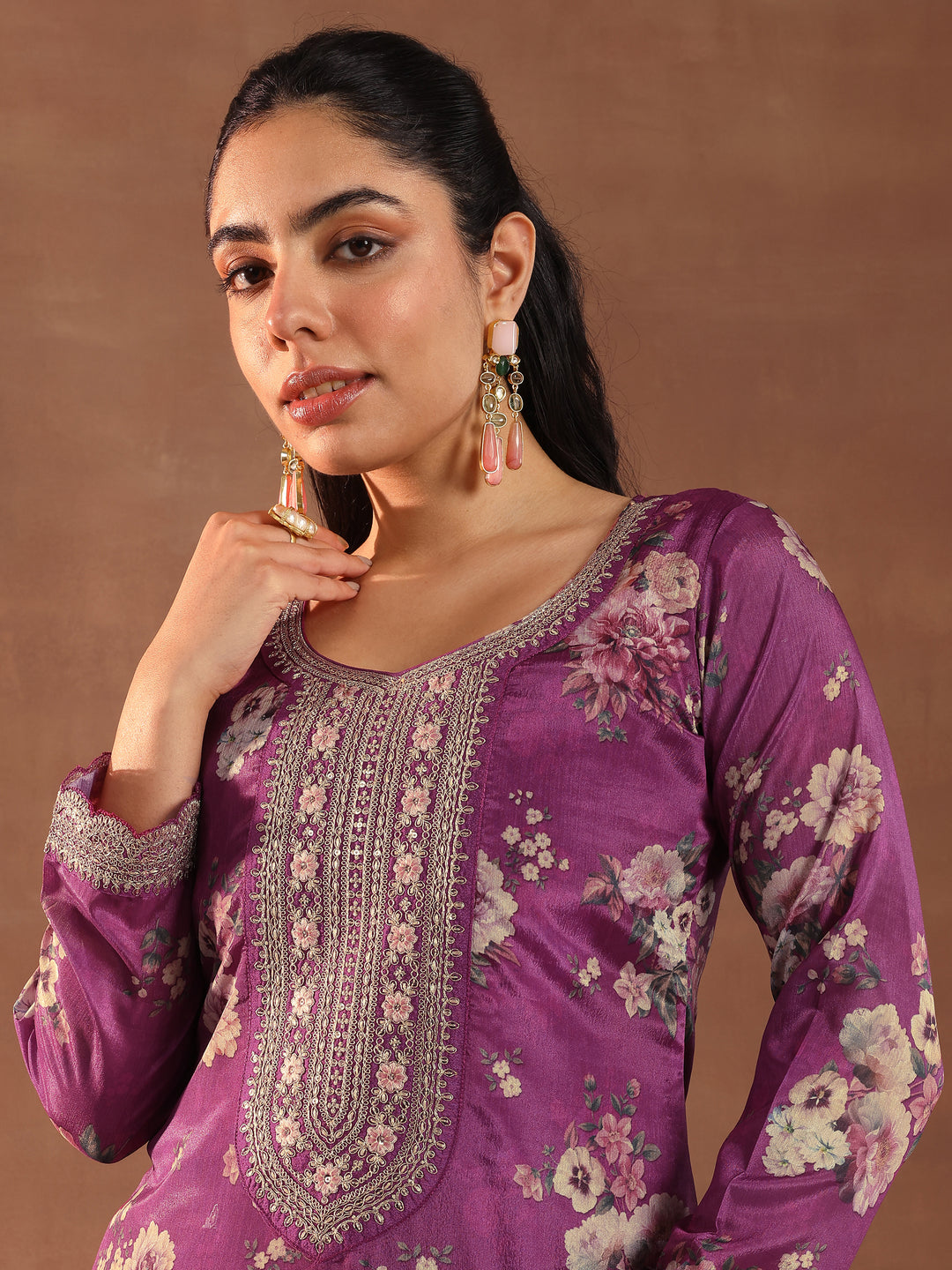 Burgundy Printed Silk Blend Straight Suit With Dupatta