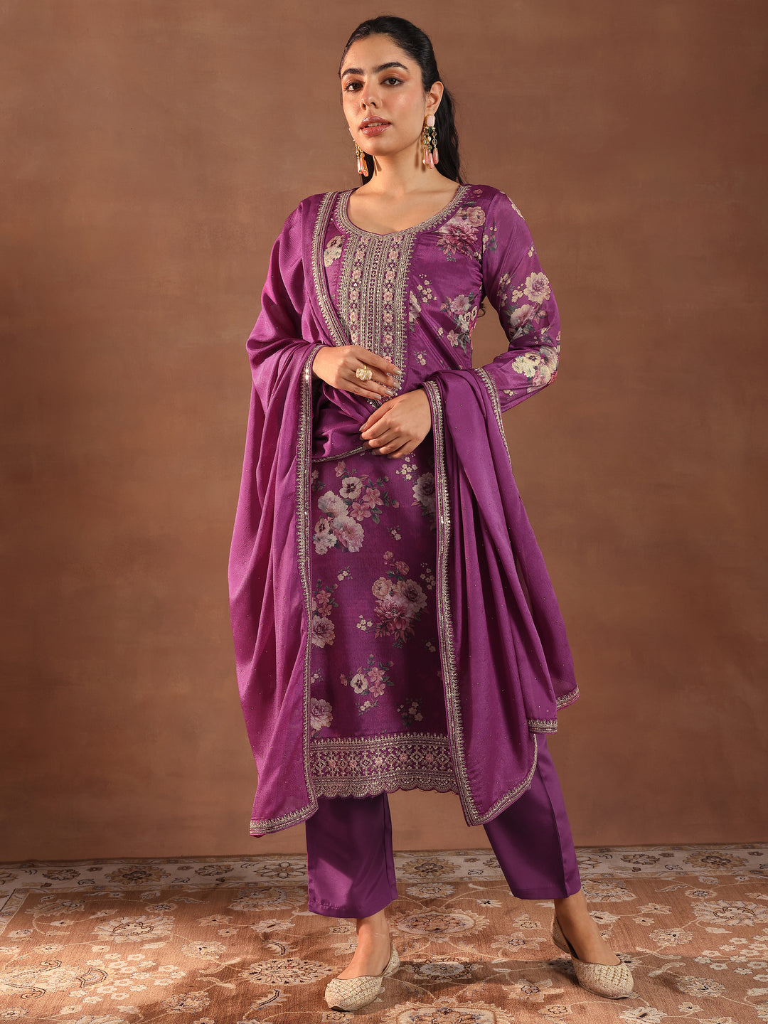 Burgundy Printed Silk Blend Straight Suit With Dupatta