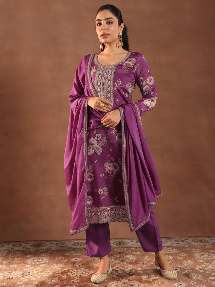 Burgundy Printed Silk Blend Straight Suit With Dupatta