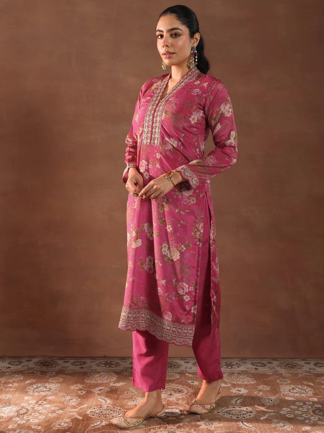 Pink Printed Silk Blend Straight Suit With Dupatta