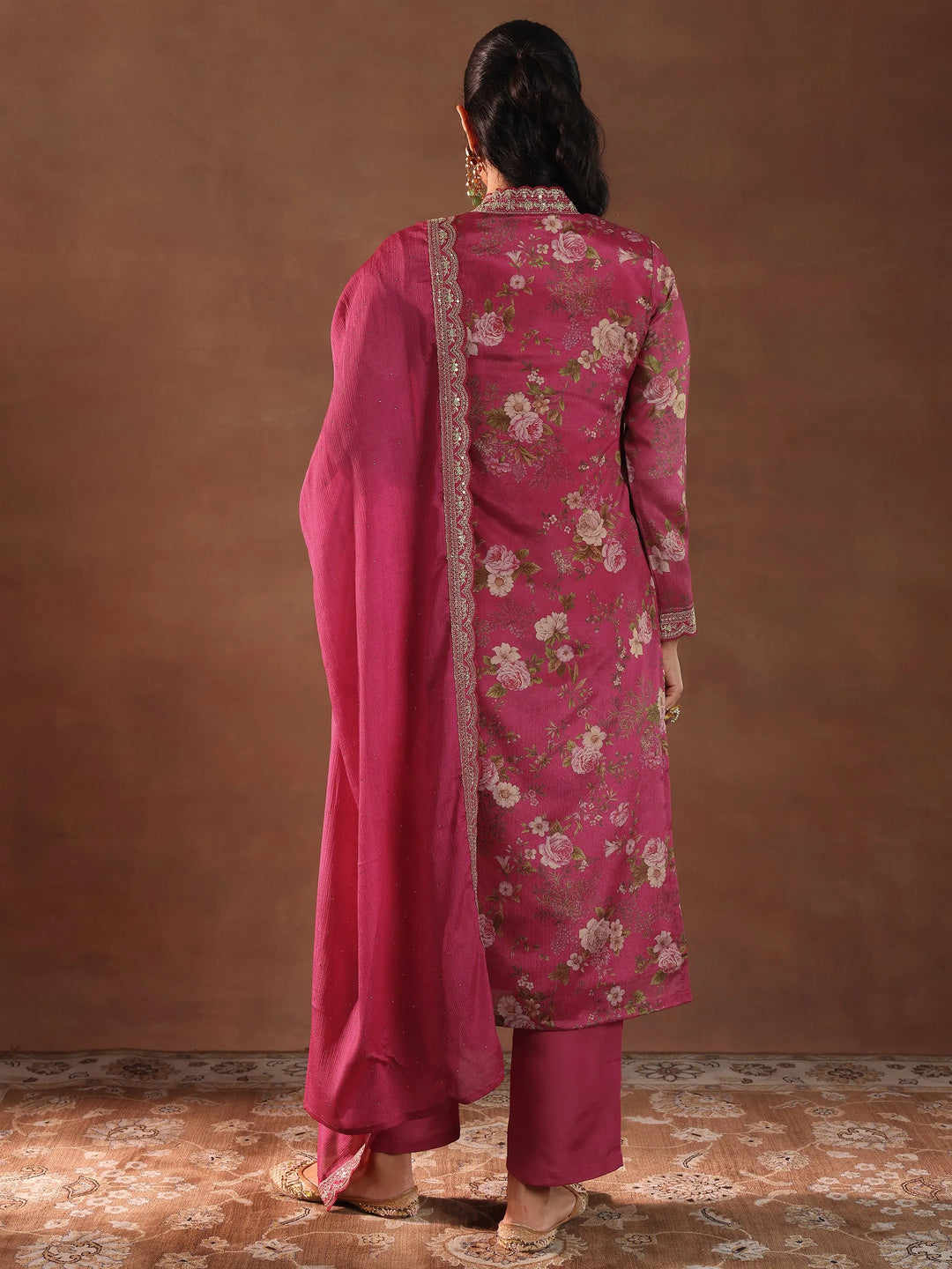 Pink Printed Silk Blend Straight Suit With Dupatta