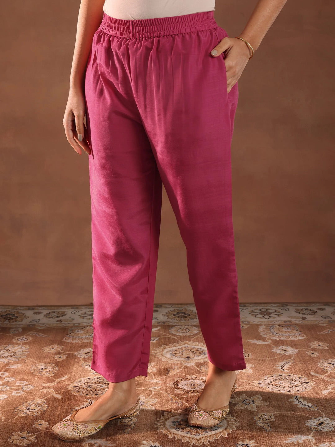 Pink Printed Silk Blend Straight Suit With Dupatta