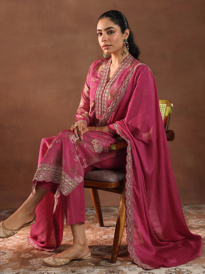 Pink Printed Silk Blend Straight Suit With Dupatta