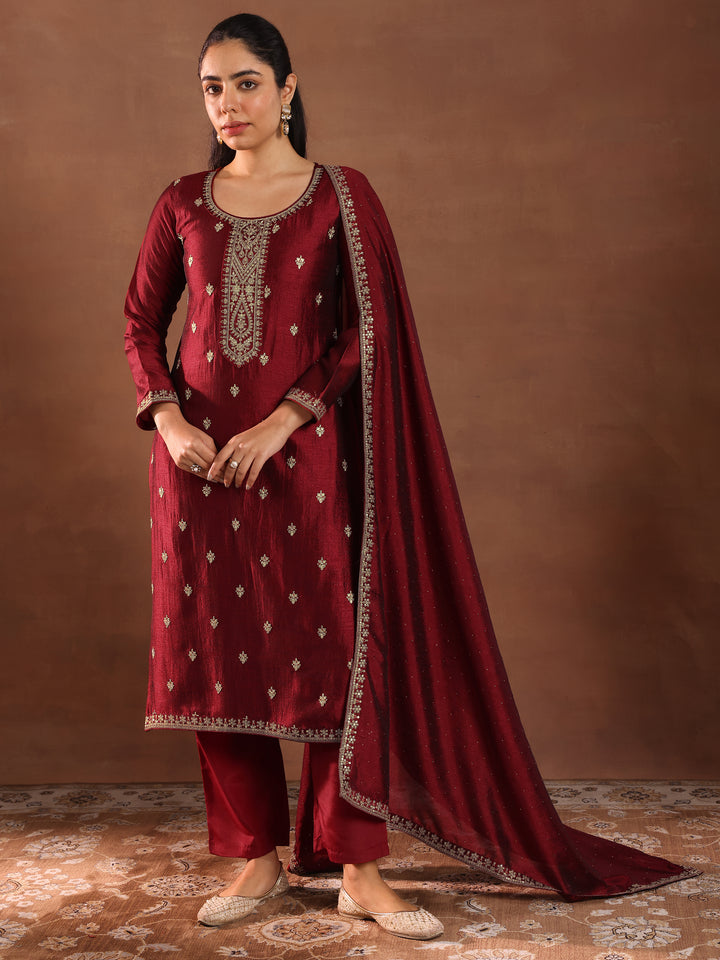 Maroon Embroidered Silk Blend Straight Suit With Dupatta