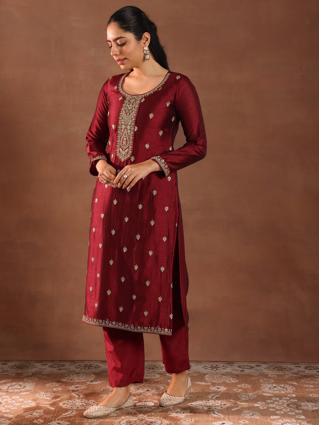 Maroon Embroidered Silk Blend Straight Suit With Dupatta