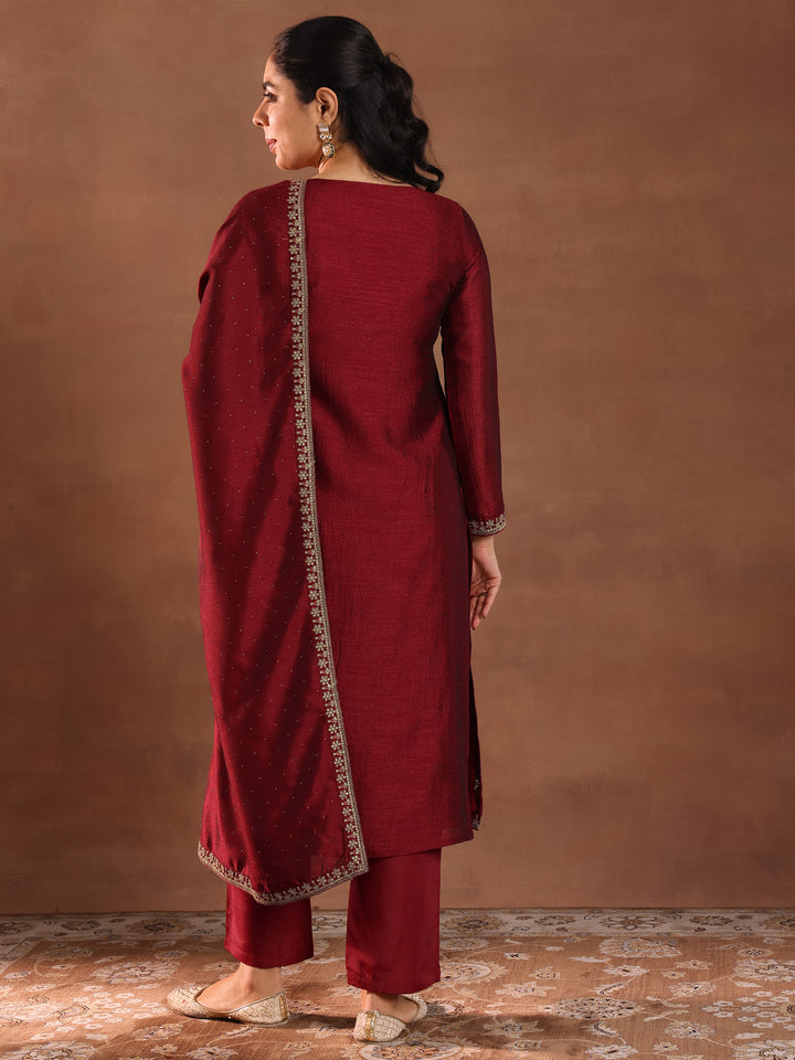 Maroon Embroidered Silk Blend Straight Suit With Dupatta