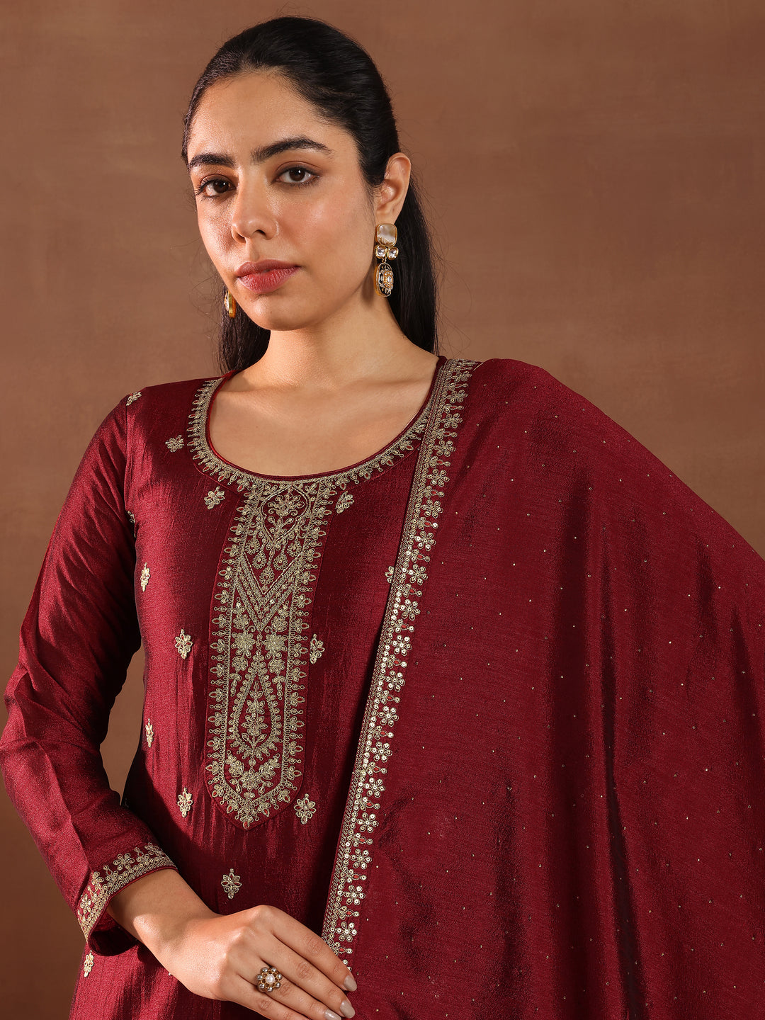 Maroon Embroidered Silk Blend Straight Suit With Dupatta