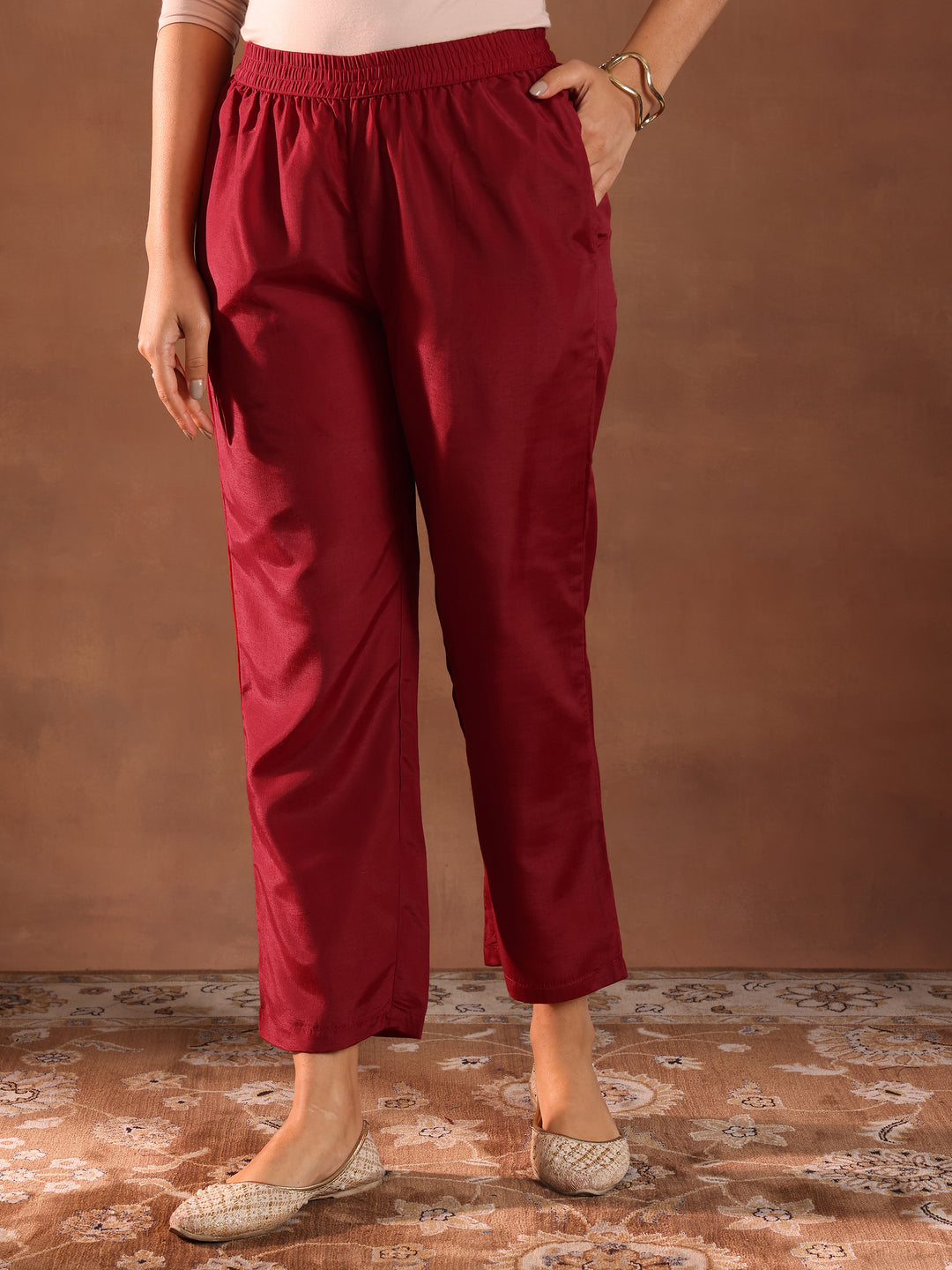 Maroon Embroidered Silk Blend Straight Suit With Dupatta