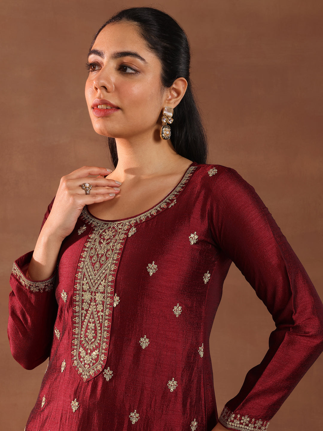 Maroon Embroidered Silk Blend Straight Suit With Dupatta