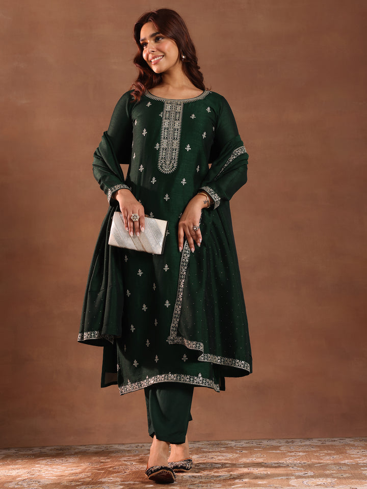 Green Embroidered Silk Blend Straight Suit With Dupatta