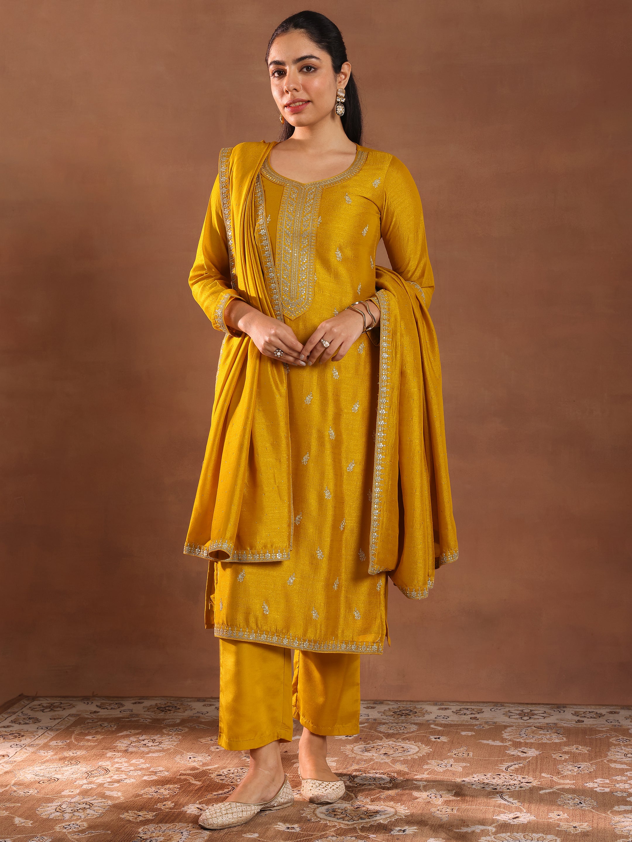 Silk Blend Mustard Embroidered Straight Kurta Pant With Dupatta PKSKD1817