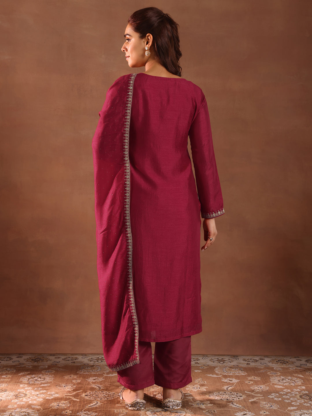 Pink Embroidered Silk Blend Straight Suit With Dupatta