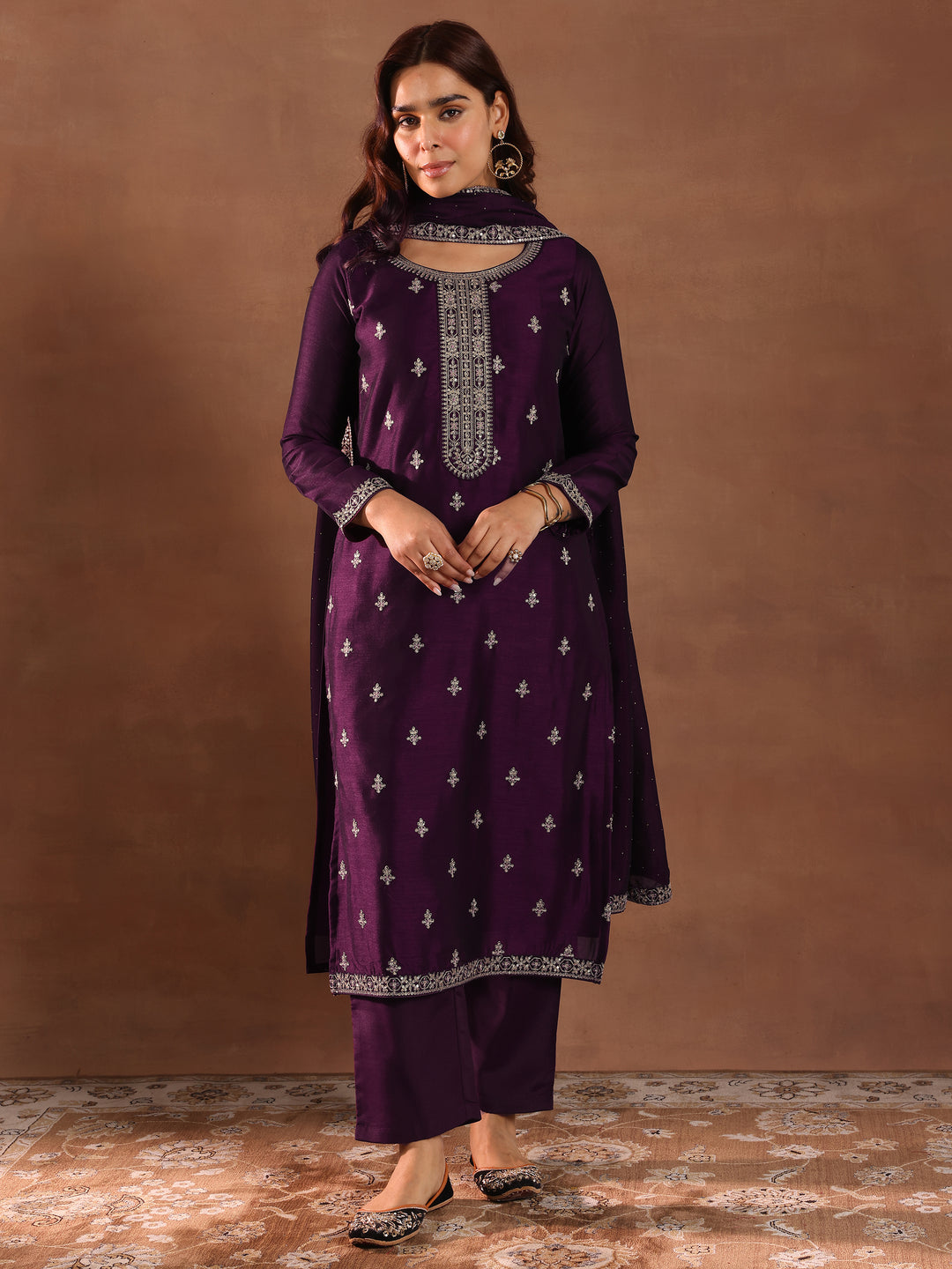 Burgundy Embroidered Silk Blend Straight Suit With Dupatta