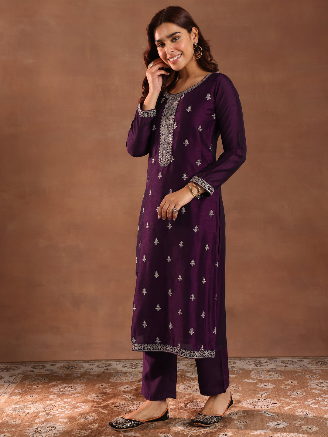 Burgundy Embroidered Silk Blend Straight Suit With Dupatta