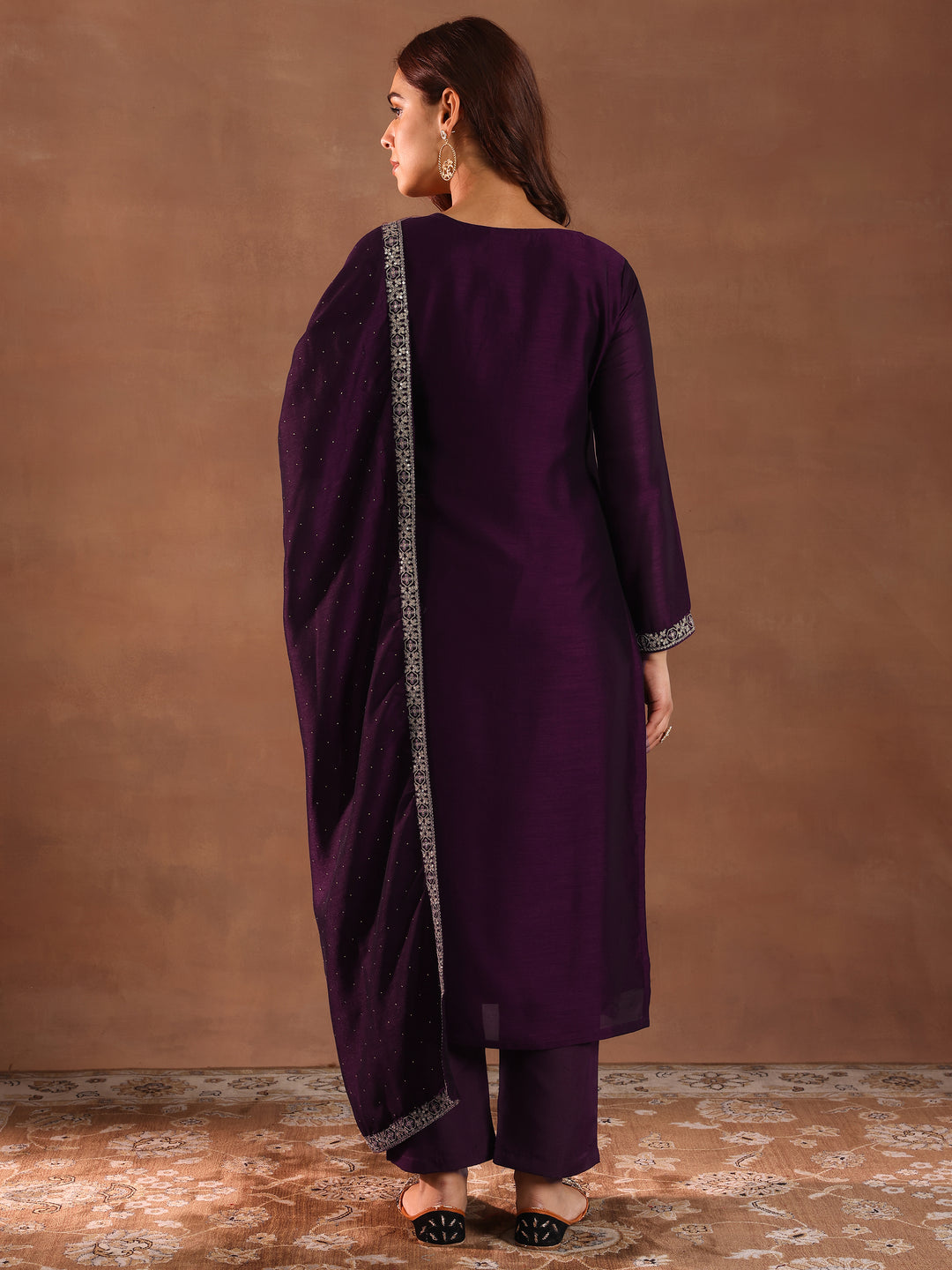 Burgundy Embroidered Silk Blend Straight Suit With Dupatta