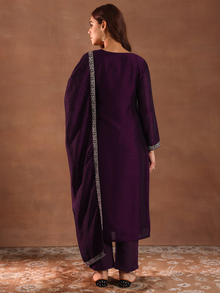 Burgundy Embroidered Silk Blend Straight Suit With Dupatta
