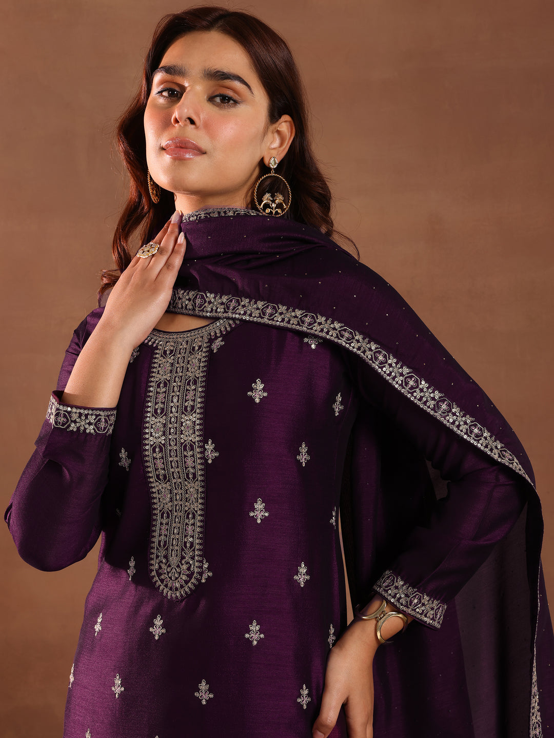 Burgundy Embroidered Silk Blend Straight Suit With Dupatta