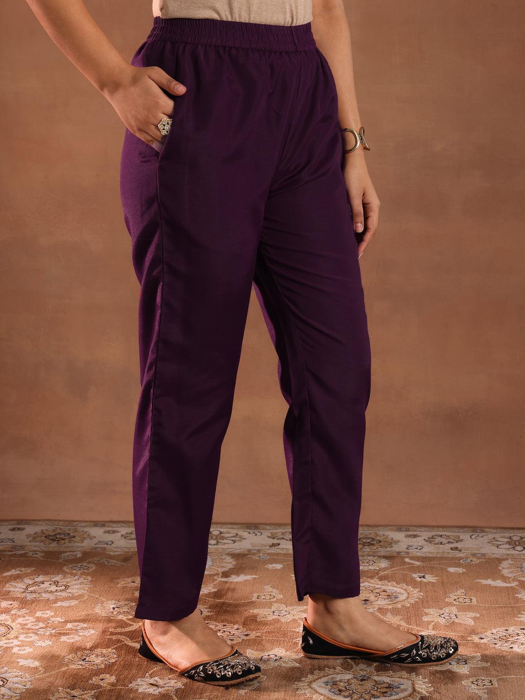 Burgundy Embroidered Silk Blend Straight Suit With Dupatta