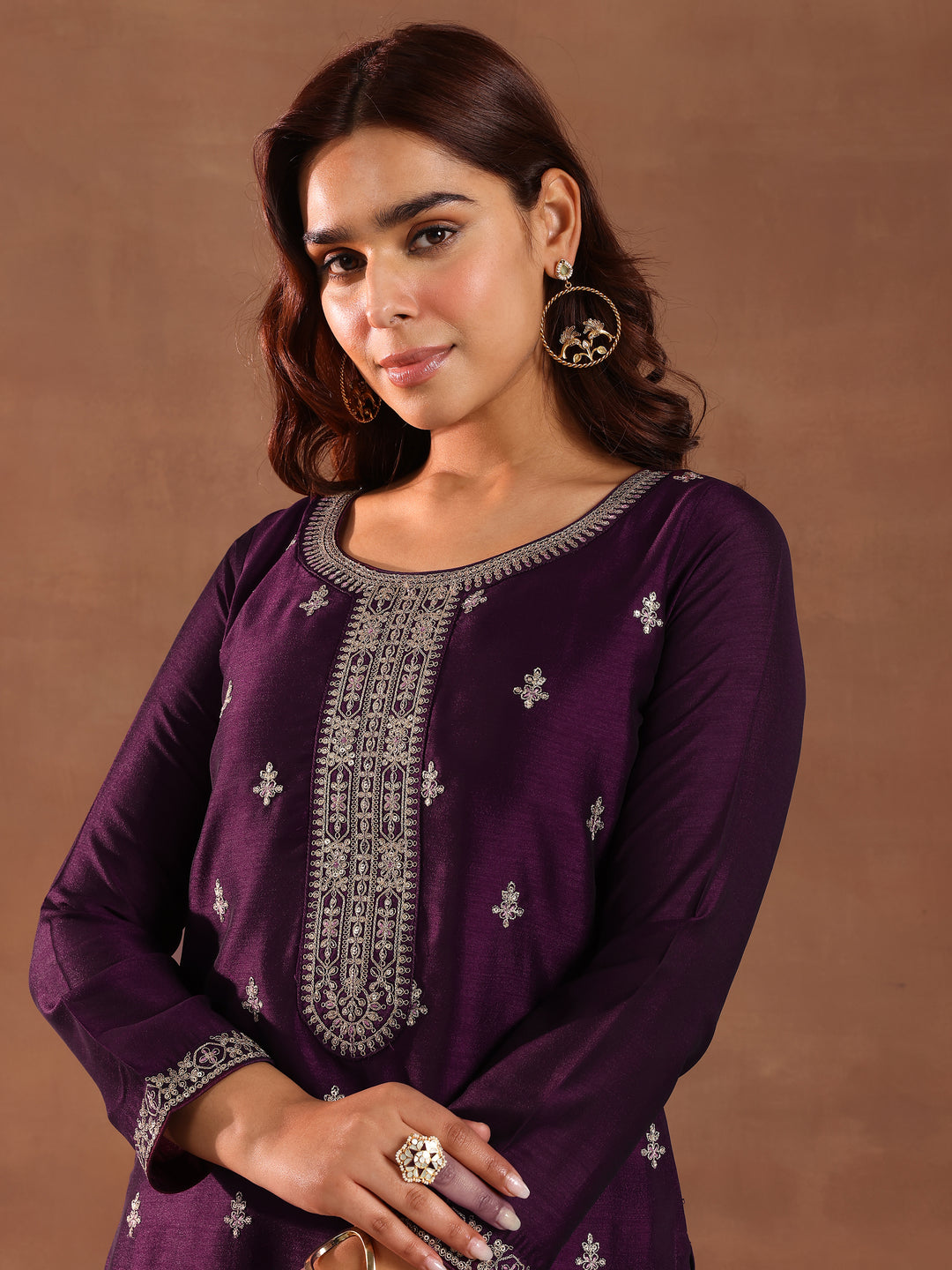 Burgundy Embroidered Silk Blend Straight Suit With Dupatta