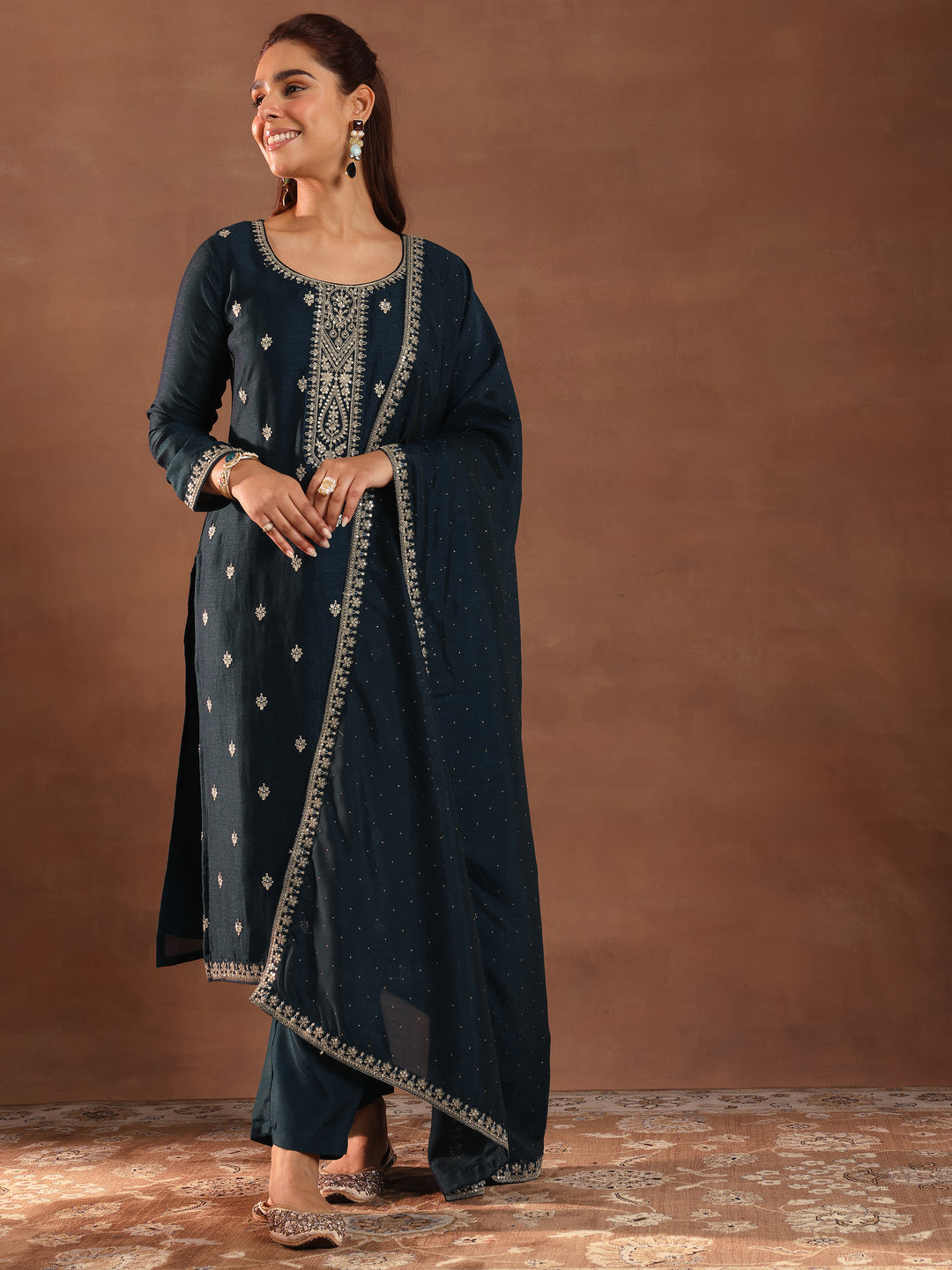 Teal Embroidered Silk Blend Straight Suit With Dupatta