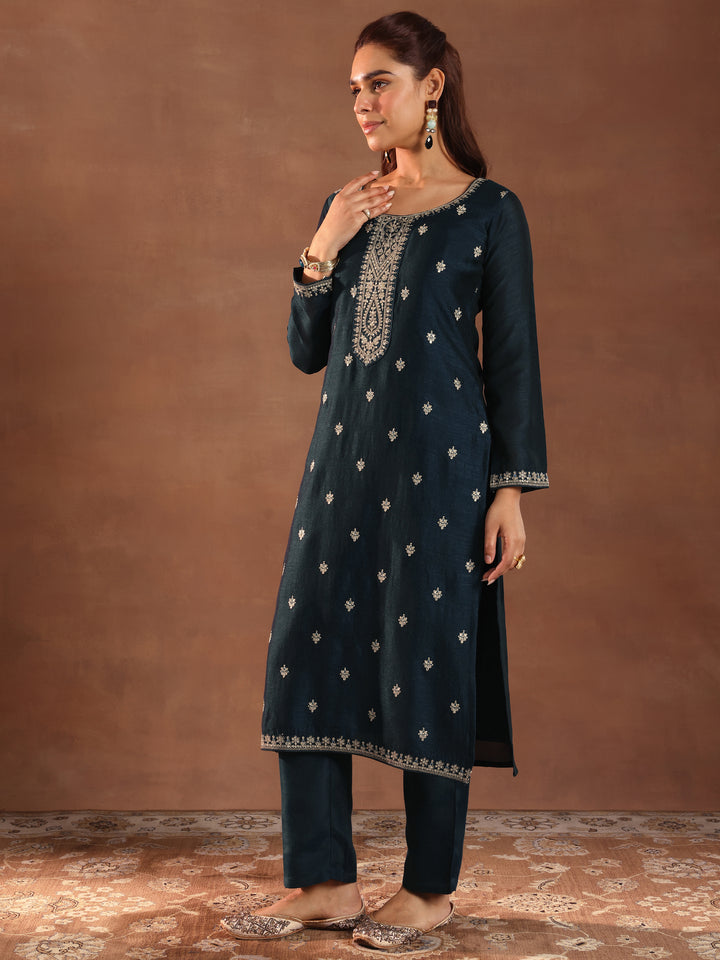 Teal Embroidered Silk Blend Straight Suit With Dupatta