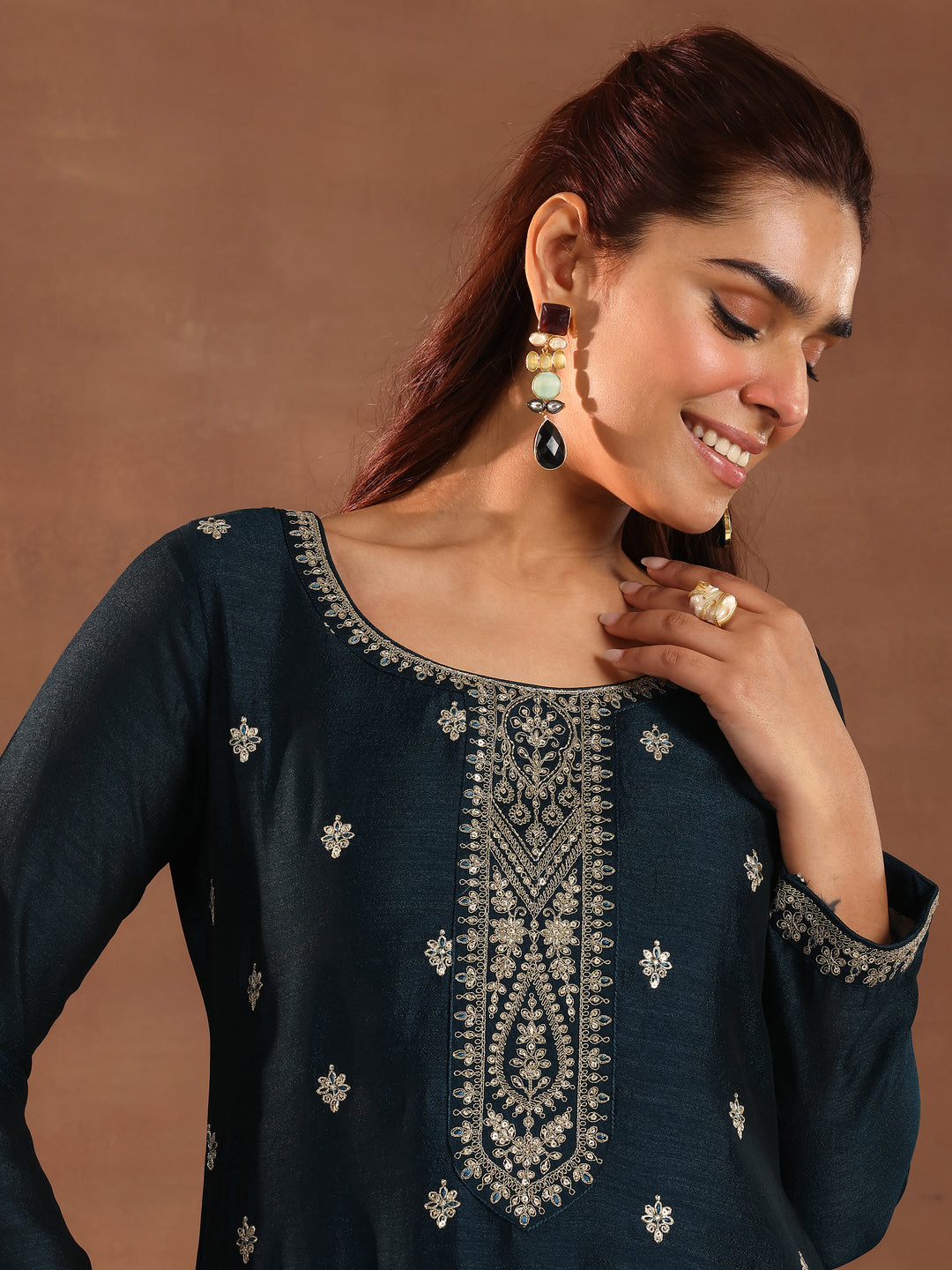 Teal Embroidered Silk Blend Straight Suit With Dupatta