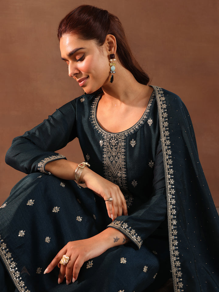 Teal Embroidered Silk Blend Straight Suit With Dupatta