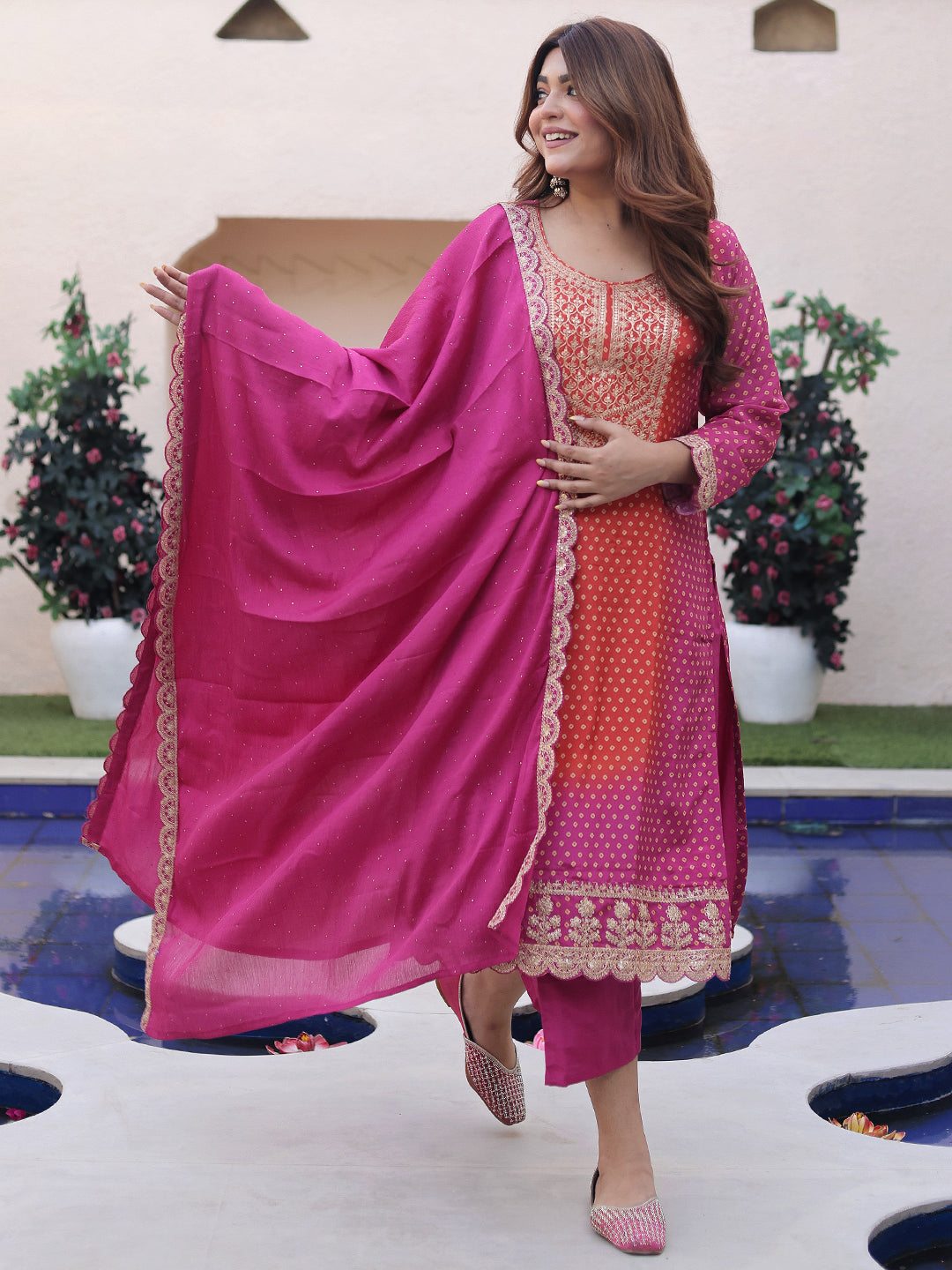 Pink Printed Silk Blend A-line Suit Sets With Dupatta