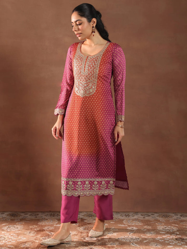 Pink Printed Silk Blend Straight Suit With Dupatta