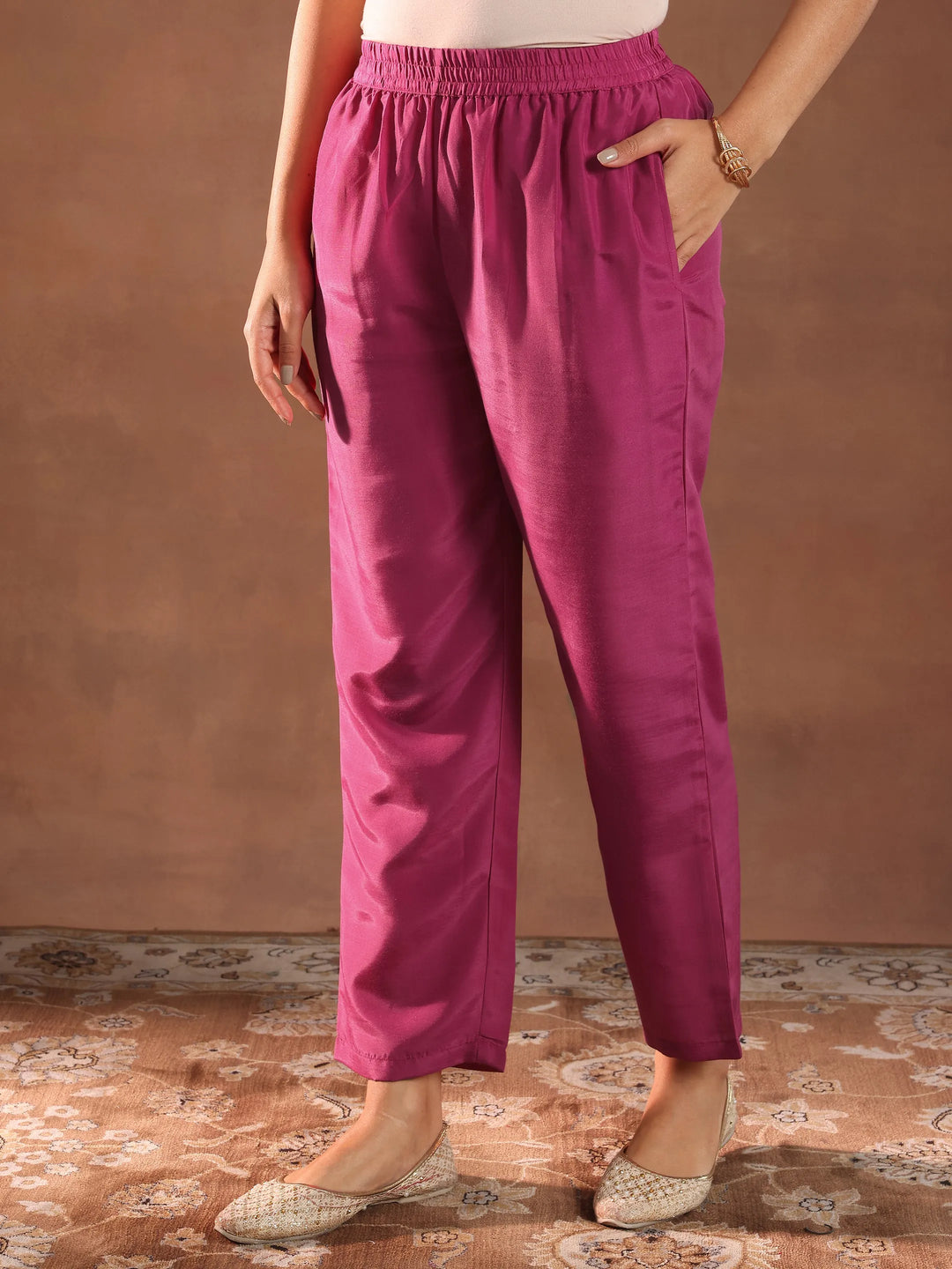 Pink Printed Silk Blend Straight Suit With Dupatta