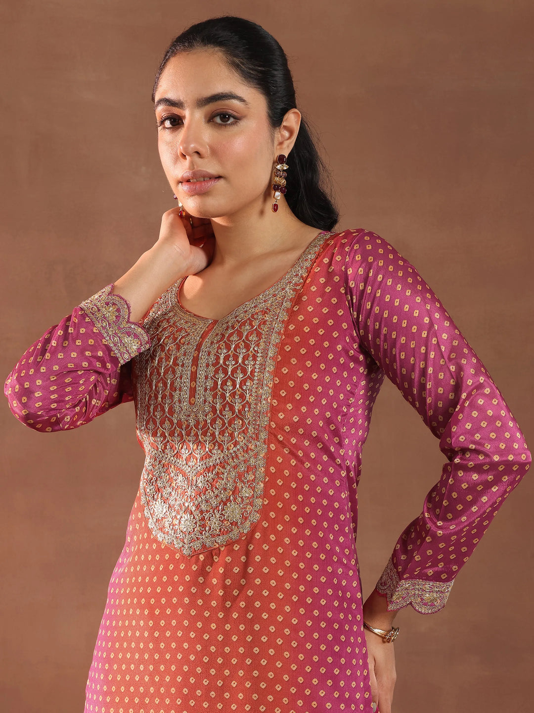 Pink Printed Silk Blend Straight Suit With Dupatta