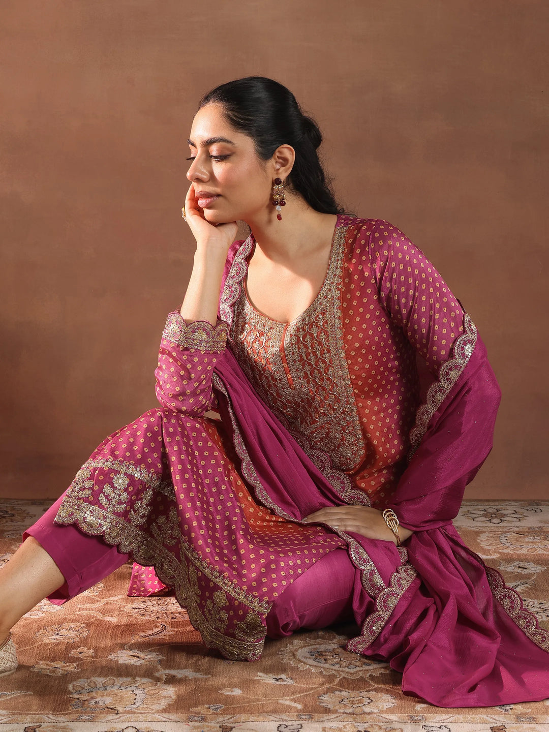 Pink Printed Silk Blend Straight Suit With Dupatta