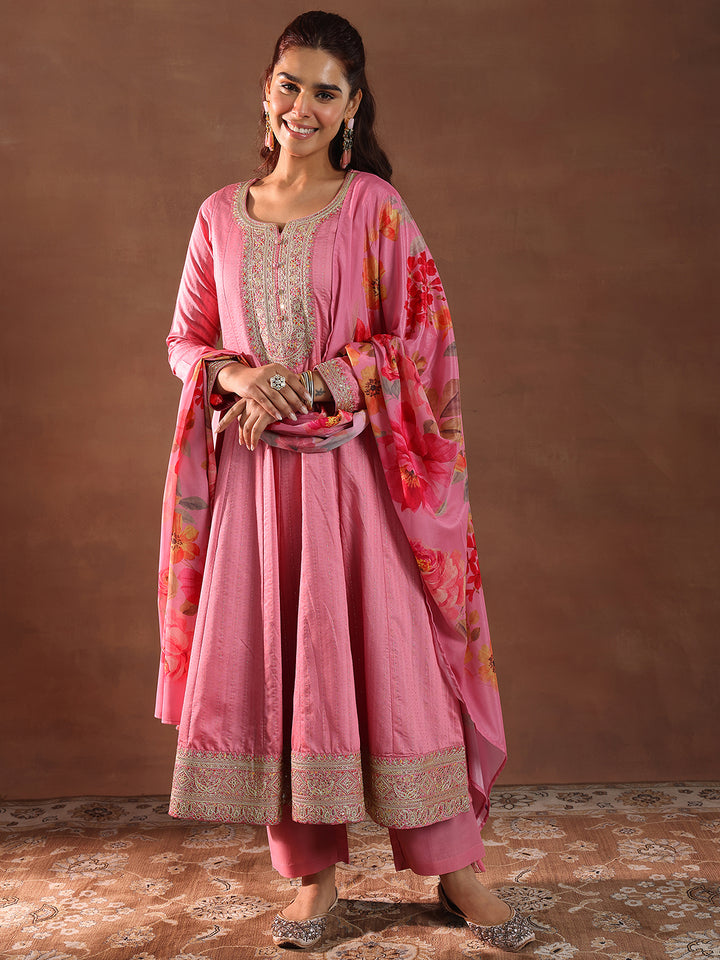 Pink Woven Design Silk Blend Anarkali Suit With Dupatta