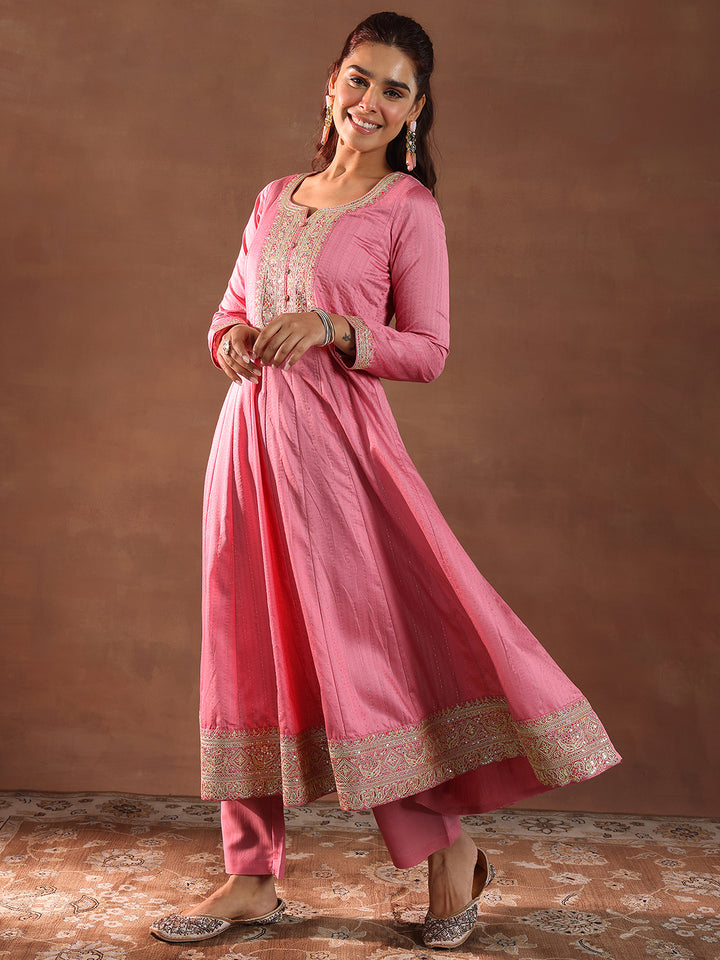 Pink Woven Design Silk Blend Anarkali Suit With Dupatta