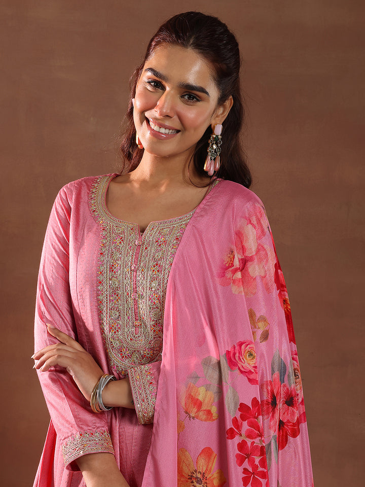 Pink Woven Design Silk Blend Anarkali Suit With Dupatta