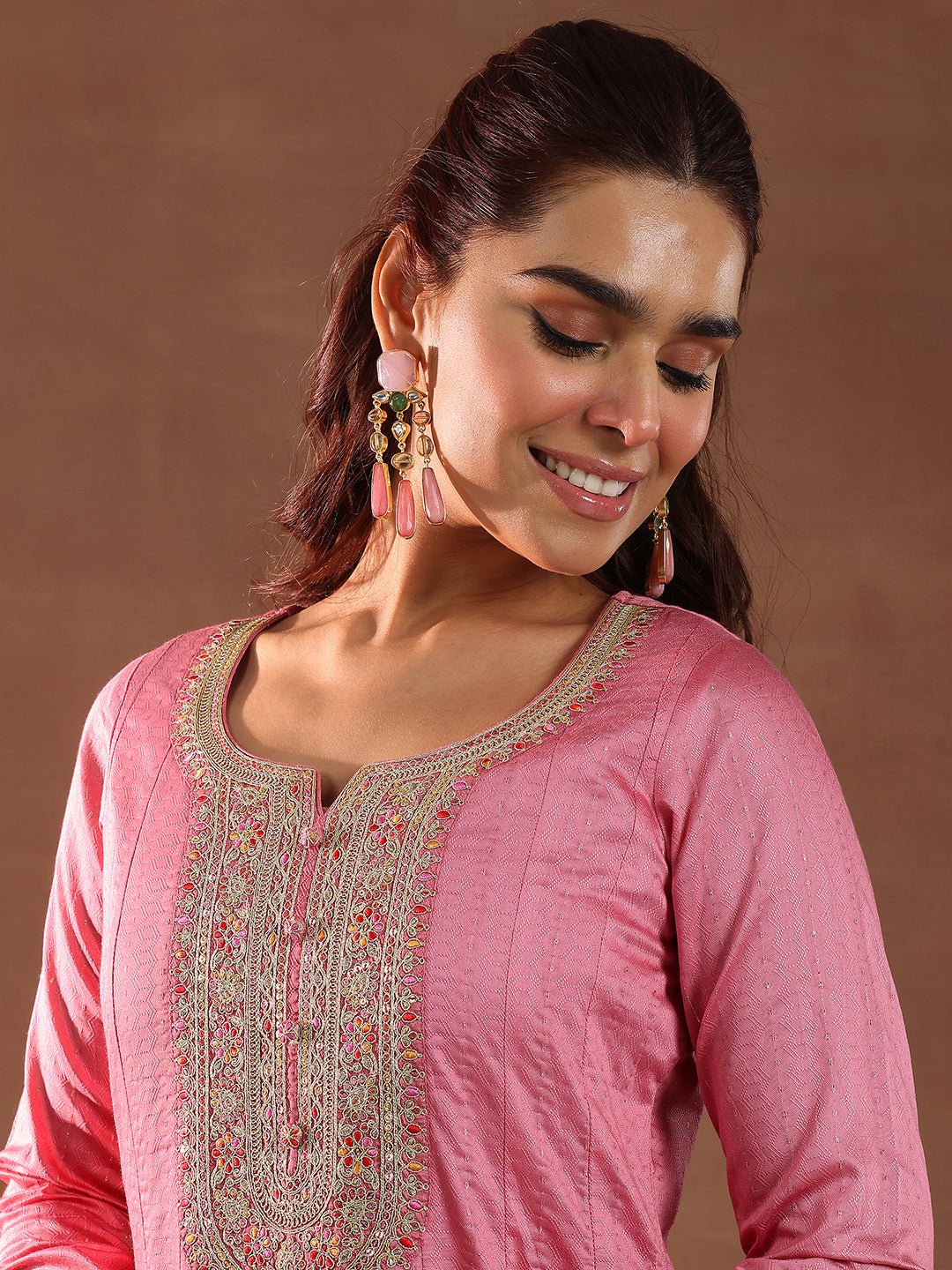 Pink Woven Design Silk Blend Anarkali Suit With Dupatta